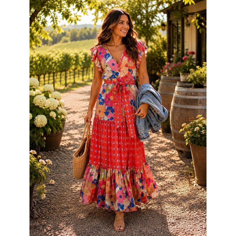 Figueroa & Flower Floral Tiered Maxi Dress M Ruffle Sleeve Boho Vacation